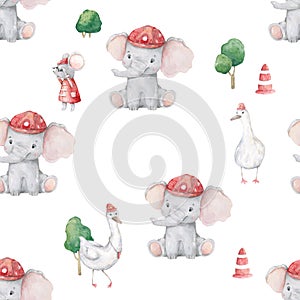 Cute elephant pattern. Seamless background with pink elephant cartoon character and green tree. Minimal baby or children