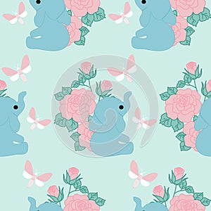 Cute elephant and pink roses in a seamless pattern design