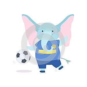 Cute Elephant Playing with Ball, Funny Animal Cartoon Character Soccer Player Vector Illustration