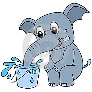 Cute elephant playing water from the bucket, doodle icon image