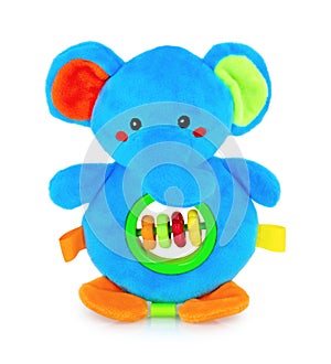 Cute elephant rattle doll with plastic rings isolated on white background with shadow reflection. Playful colorful elephant