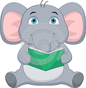 cute elephant reading a book cartoon