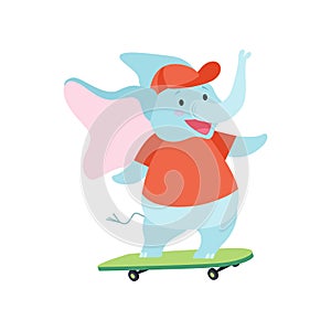 Cute Elephant Riding Skateboard, Funny Animal Cartoon Character Vector Illustration