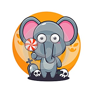 Cute elephant scared by ghost in halloween day.