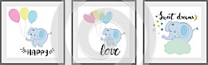 Cute elephant Set of posters for nursery baby room decoration Childish style Perfect for fabric print logo sign cards banners Kids
