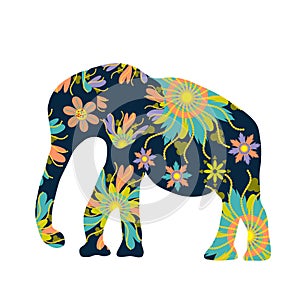 Cute elephant silhouette with bright flowers