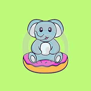 Cute elephant is sitting on donuts. Animal cartoon concept isolated. Can used for t-shirt, greeting card, invitation card or