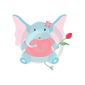 Cute Elephant Sitting with Flower, Funny Animal Cartoon Character Vector Illustration