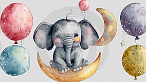 Cute elephant sitting on the moon, surrounded by balloons on isolated background, generative Ai