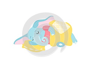 Cute Elephant Sleeping in its Bed, Funny Animal Cartoon Character Vector Illustration