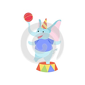 Cute Elephant Standing on Stage with Ball, Funny Animal Cartoon Character Performing in Circus Show Vector Illustration