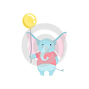 Cute Elephant Standing with Yellow Balloon, Funny Animal Cartoon Character Vector Illustration