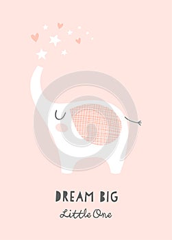 Cute elephant and stars Dream Big Little One nursery poster. Printable art for kids. Baby girl illustration in pink.