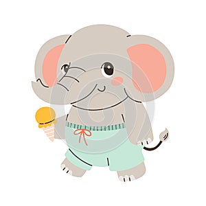 Cute Elephant summer vector illustration. Enjoying Hot Summer Eating Ice Cream. For card, banner, poster