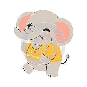 Cute Elephant summer vector illustration. Enjoying Hot Summer in tshirt i love banana. For card, banner, poster