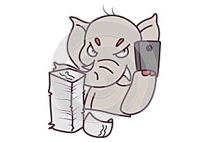 Cute Elephant talking angrily on mobile with a pile of papers in front.