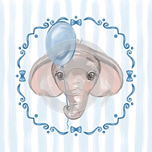 Cute elephant, welcome baby card. Kids illustration.