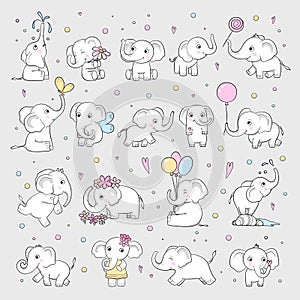 Cute elephant. Wild animals in various poses attractive characters vector cartoon drawn sketch