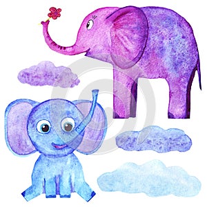 Cute elephants and clouds set blue purple pink watercolor