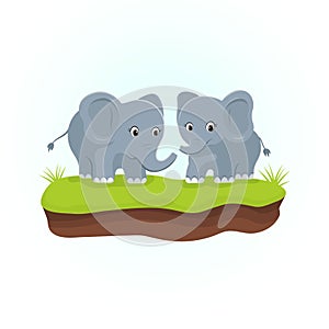 Cute Elephants on the green grasses. Animals cartoon character.