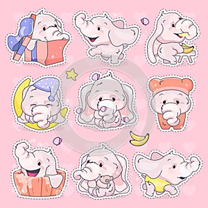 Cute elephants kawaii cartoon characters set. Adorable and funny animal different poses and emotions isolated sticker, patch, kids