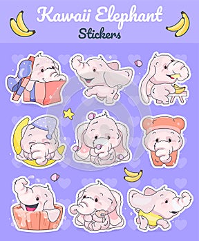 Cute elephants kawaii cartoon vector characters set. Adorable and funny animal different poses and emotions isolated sticker,