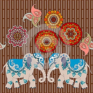 Cute elephants, paisley and mandalas flowers on brown striped background.