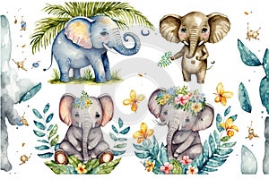 Cute elephants, tropical cute animals. Watercolor set. Generative AI