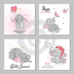 Cute Elephants vector illustrations. Set of birthday greeting cards