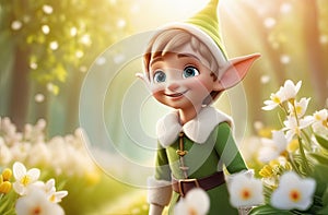 cute elf boy in green outfits with big ears, fairy magic forest background, natural flowers, sun rays, blurred