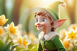 cute elf boy in green outfits with big ears, fairy magic forest background, natural flowers, sun rays, blurred