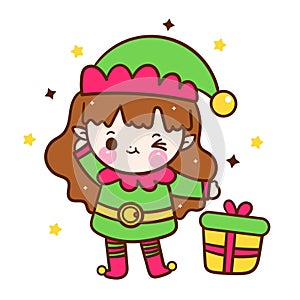 Cute elf girl cartoon santa cartoon, Christmas character Kawaii x mas, Happy New year festival snow season