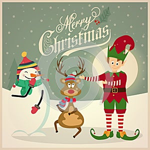 Cute elf with snowman and reindeer. Christmas card