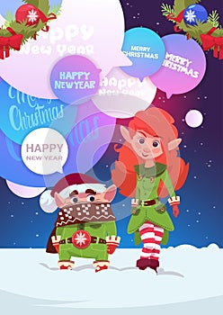 Cute Elfs Couple Greeting With Merry Christmas And Happy New Year Holiday Card