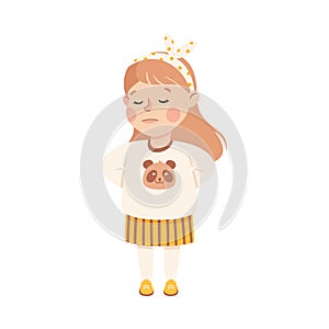 Cute embarrassed little girl. Adorable confused girl dressed casual clothes cartoon vector illustration