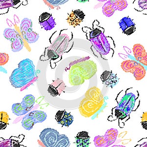 Cute Embroidery Insects Kids Vetor Background Pattern Seamless