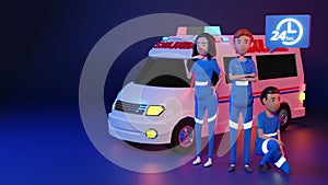 Cute Emergency Team Character and Ambulance Always ready., 3D rendering
