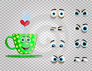 Cute emoji set of green cup with changeable eyes collection