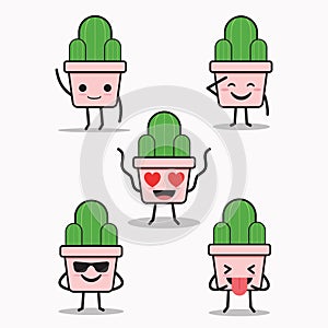 Cute Emoticon Cactus Characters With Emotional Expression Set
