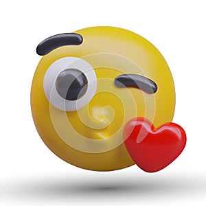 Cute emoticon, closing one eye, sends air kiss. Winking face with red heart