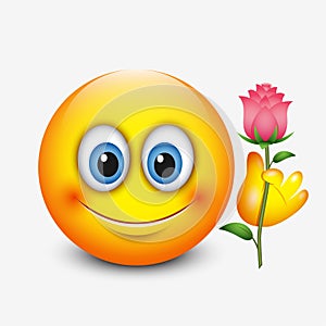 Cute emoticon holding rose - Saint Valentine`s Day - emoji - vector illustration