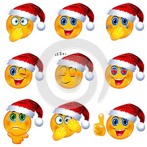 Yellow Smiley Faces with Christmas Santa Hat on. Emoji Vector Illustration