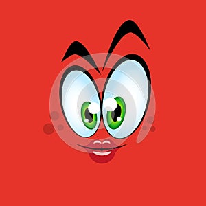 Cute emotion with big eyes and pouting lips on a red background. Vector