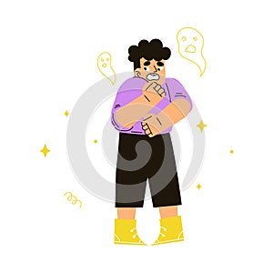 Cute Emotional Boy Child Feeling Scared of Ghost with Face Expression and Gesture Vector Illustration