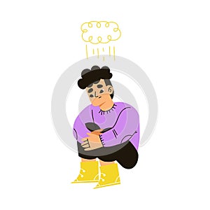 Cute Emotional Boy Child Sitting with Bend Knees Feeling Blue and Sad with Face Expression and Gesture Vector