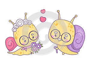 Cute enamored couple of elderly snails. Funny grandparents insects kawaii characters. Grandmother with flowers and