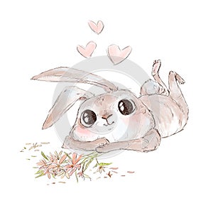 Cute enamored rabbit looking and holding flowers
