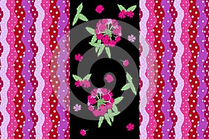 Cute endless pattern with flower verbena and bright striped border with wave and polka dot