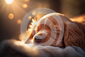 Cute English Cocker spaniel puppy sleeps on soft blanket. Animal care. Evening light. Generative AI