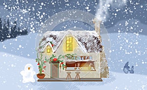 Cute English cottage with hot tea cafe and fir tree crawler decorated with red bows and baubles on a snowy day